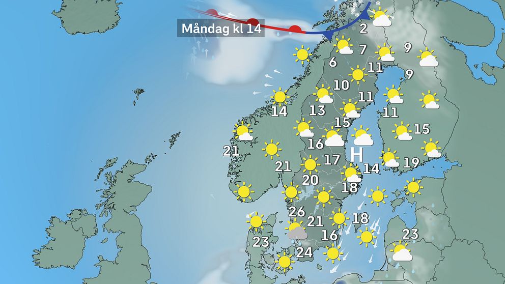 Prognoskarta som visar vädret i Sverige för måndag.