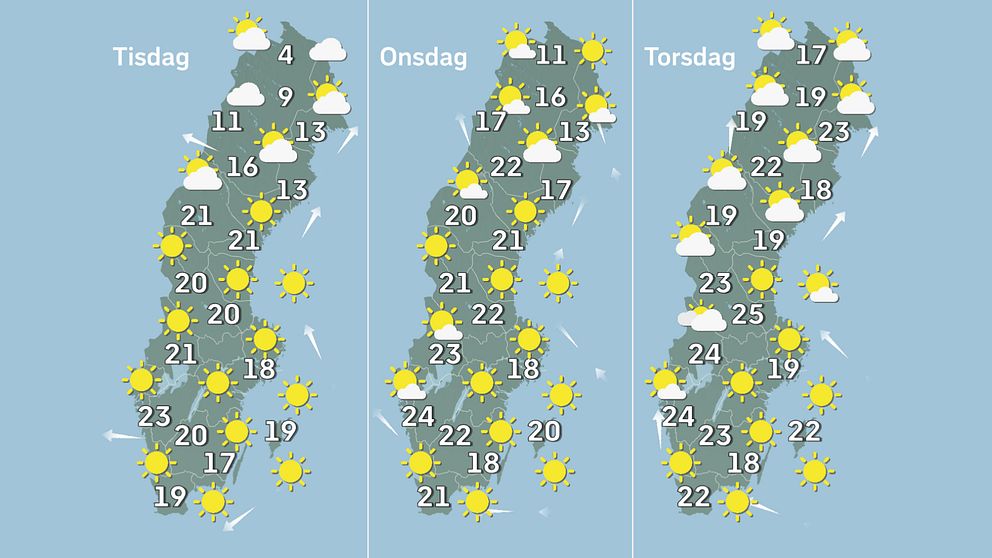 Prognoskartor som visar vädret i Sverige för tisdag, onsdag och torsdag.