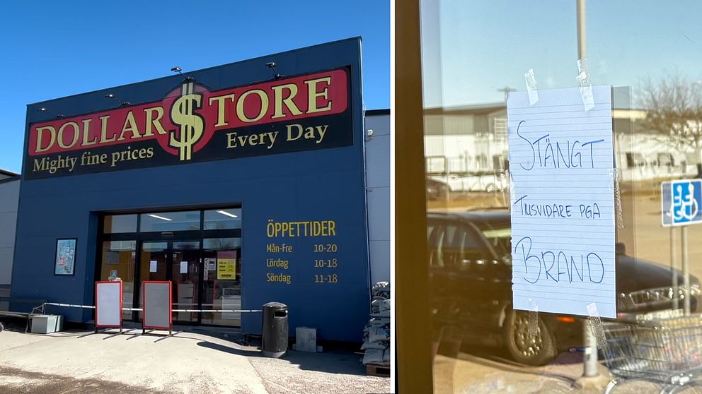 Tvådelad bild. Vänster: Dollarstore-entré. Höger: Lapp om tillfällig stängning på dörr.