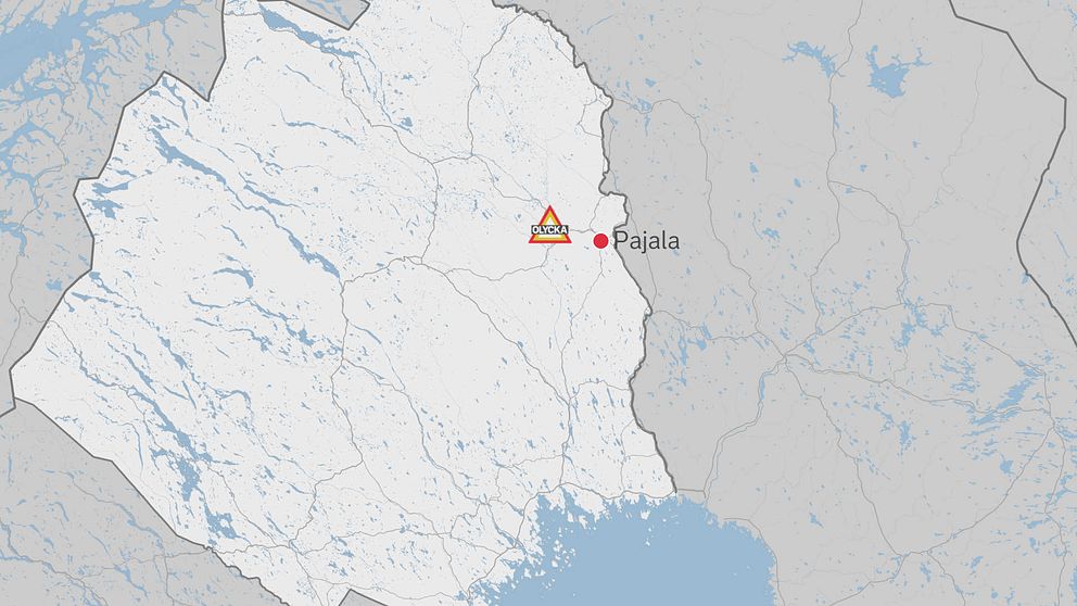 Kartbild med olyckssymbol placerad vid älv i närheten av Pajala