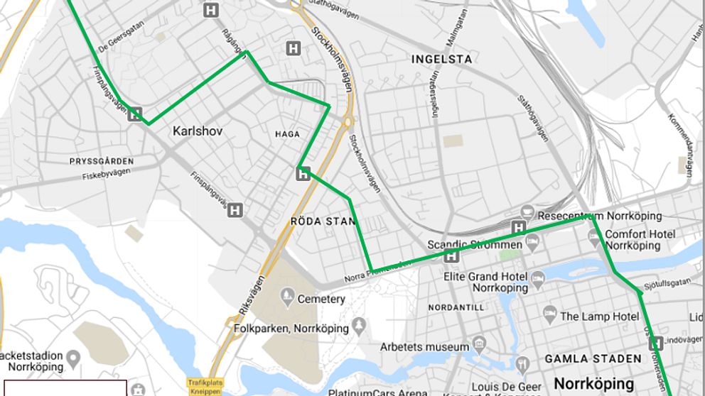 Karta över Norrköping med markerad bussträcka för busslinje 2.
