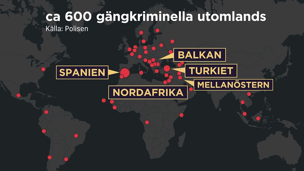 Karta som visar var svenska gängkriminella befinner sig.