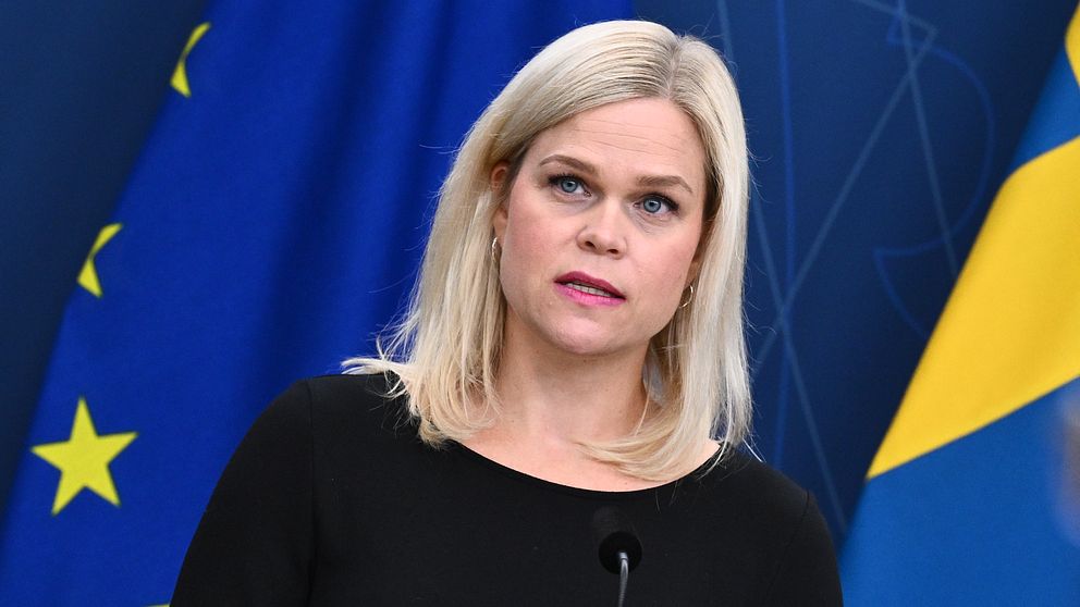 Paulina Brandberg står framför EU- och svenska flaggor, mikrofon synlig.