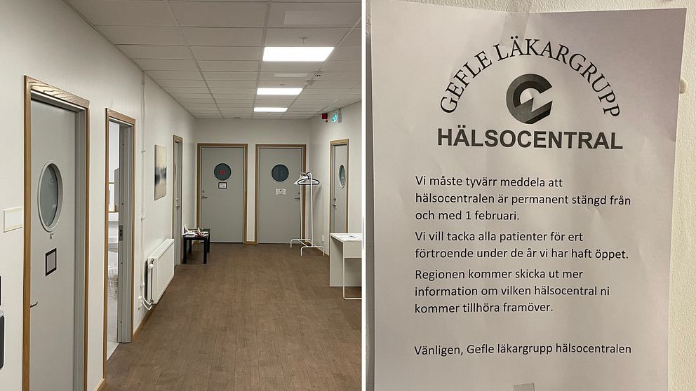 En delad bild som visar två scener. Till vänster syns en tom och neutral korridor i en hälsocentral med flera dörrar längs väggen. Till höger visas en affisch från Gefle Läkargrupp Hälsocentral som informerar om den permanenta stängningen av hälsocentralen från och med 1 februari, med tack till patienter samt information om att mer information kommer skickas av regionen.