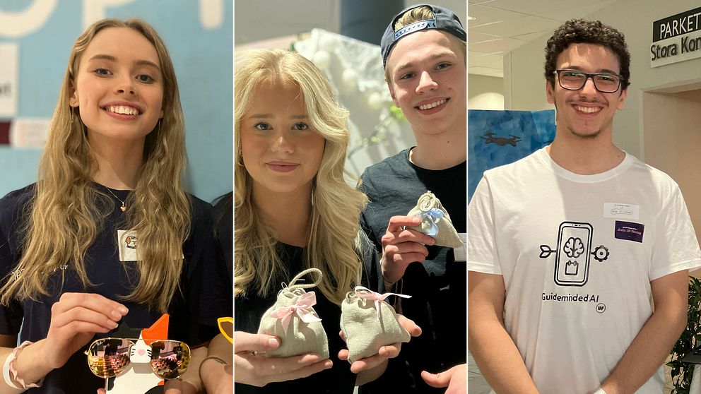 Tredelad bild. Vänster: person håller kattföremål. Mitten: personer visar små tygpåsar. Höger: person i tryckt T-shirt.