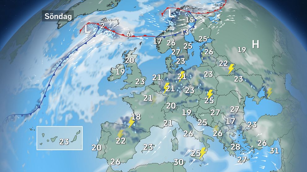 Väderkarta som visar väder i Europa