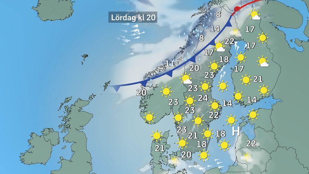 Prognoskarta som visar vädret i Sverige på lördag kväll.