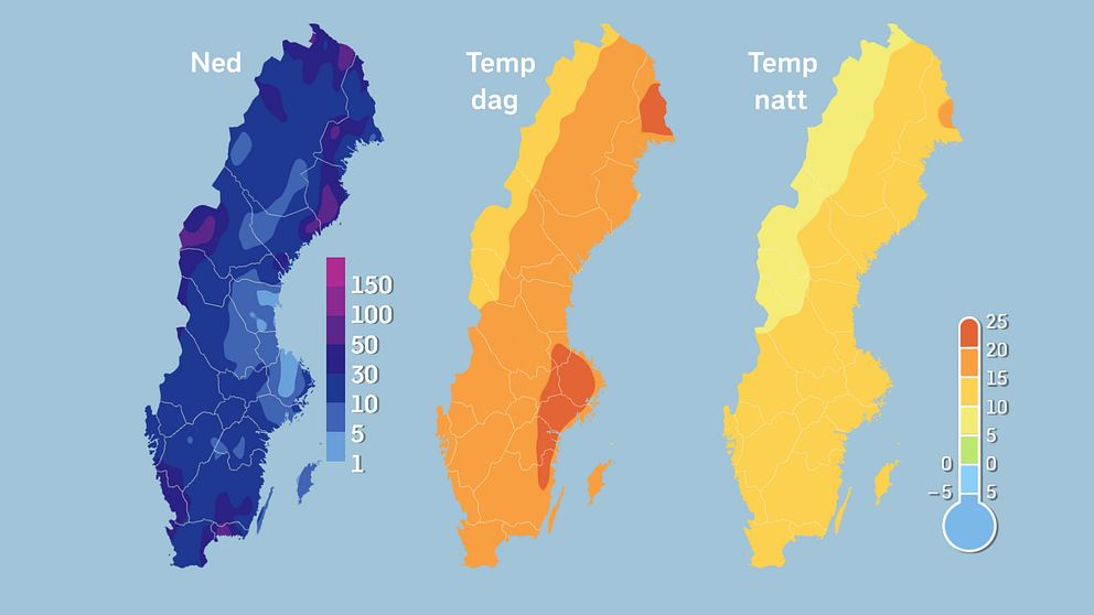 Prognoskarta som visar förväntad nederbördsmängd, genomsnittlig dagstemperatur och genomsnittlig nattemperatur för dygnen 2–6 juni.