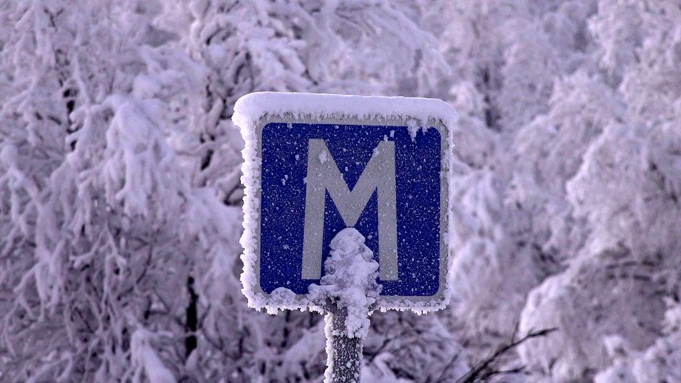 en frostig vägskylt som det står M på i ett vintrigt landskap med snö på träden