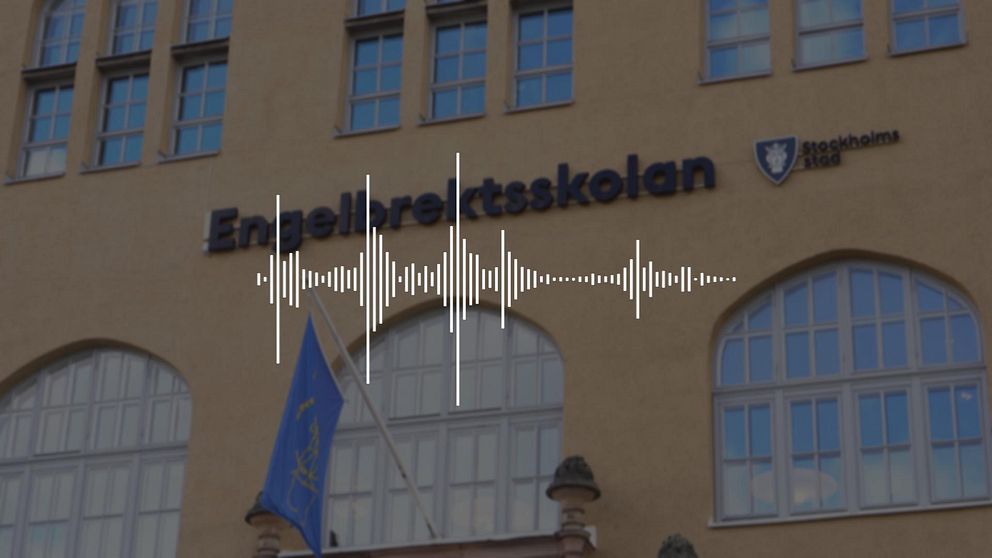 Fasaden till Engelbrektsskolan med en ljudvåg och en EU-flagga i förgrunden.