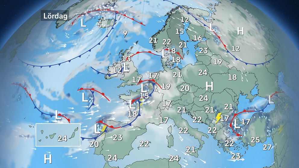 Prognoskarta som visar vädret över Europa för lördagen