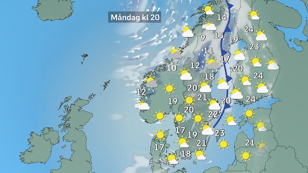Prognoskarta som visar väderläget i Sverige på måndag kväll.