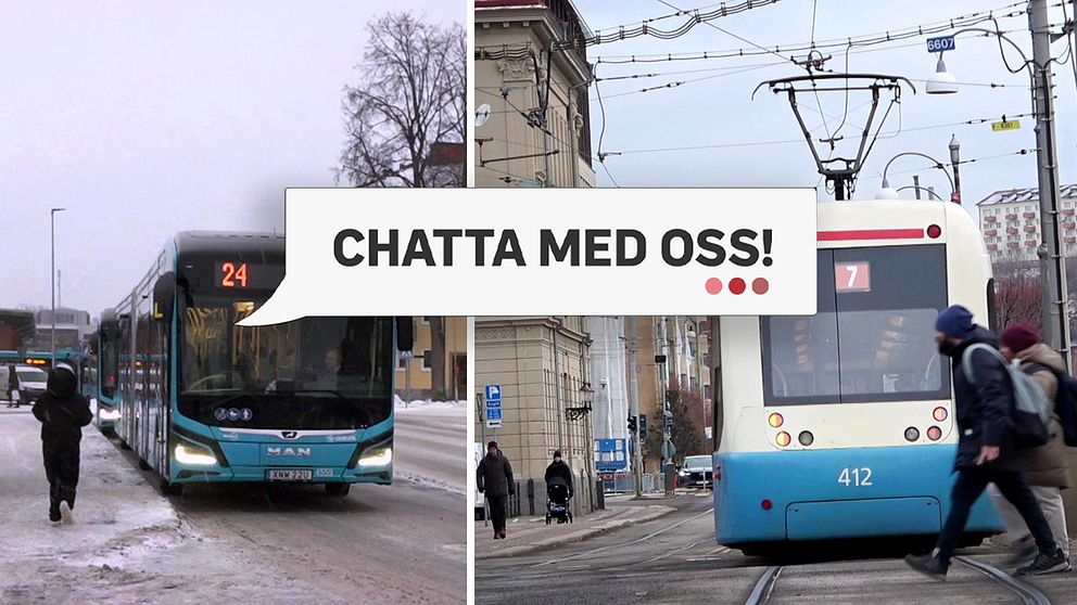 Till vänster i bilden syns en blå och grön stadsbuss som står vid en busshållplats under vintriga förhållanden, medan en person går mot bussen. Till höger visas en spårvagn som stannar på en gatan där människor passerar, bakom en spårvagn i Göteborg