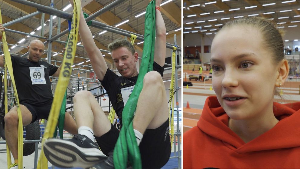 Delad bild. Vänster: Person klättrar i en hinderbana med långa band. Höger: Person i röd hoodie i idrottshall.