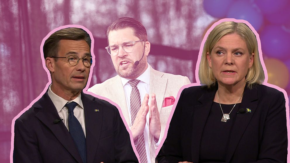Ulf Kristersson (M) och Magdalena Andersson (S) tittar mot varandra. Jimmie Åkesson (SD) står i bakgrunden. Bilden är ett montage.