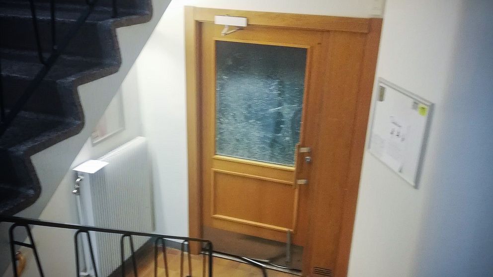 Trasig glasdörr i en trappa, med sprickor och krosskador synliga i glaset, omgiven av en vit vägg och ett element.