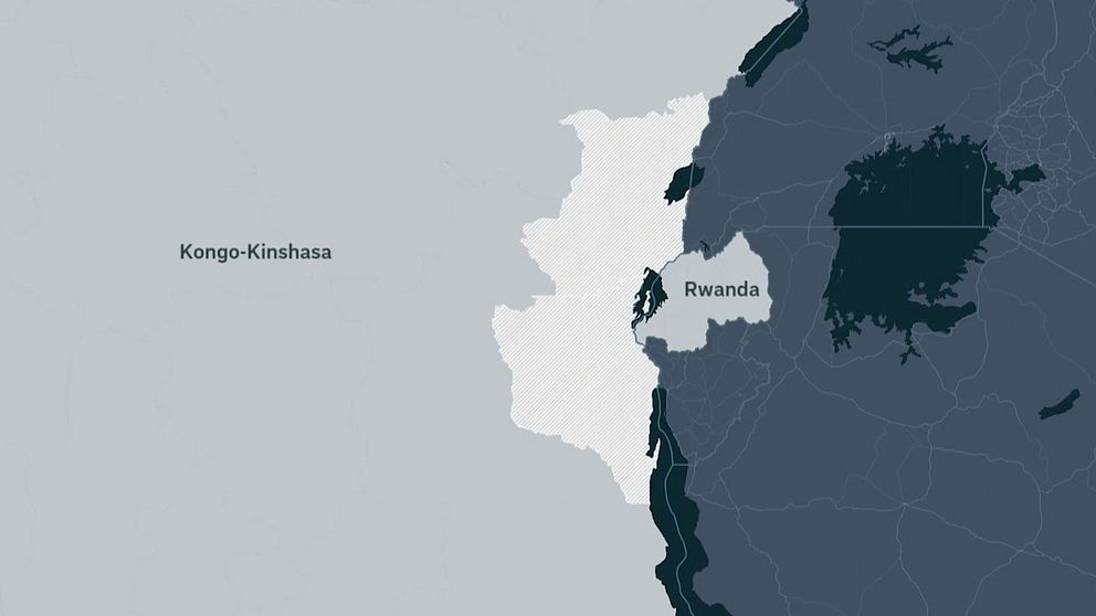 Karta över centraleuropa som visar läget för Rwanda i relation till Kongo-Kinshasa. Rwanda är markerat i ljus färg för att tydliggöra dess position.