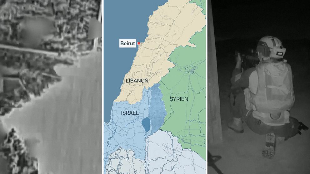 Satellitbild, karta över Israel, Libanon och Syrien, samt soldat på huk.