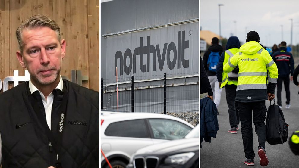 Bildens vänstra del visar en person i svart väst med en namnbricka från Northvolt. I mitten syns en stor skylt med texten ”northvolt” på en fabriksvägg. Den högra delen av bilden visar flera personer som går mot en anläggning, en av dem bär en gul reflexjacka med Northvolt-logotypen.