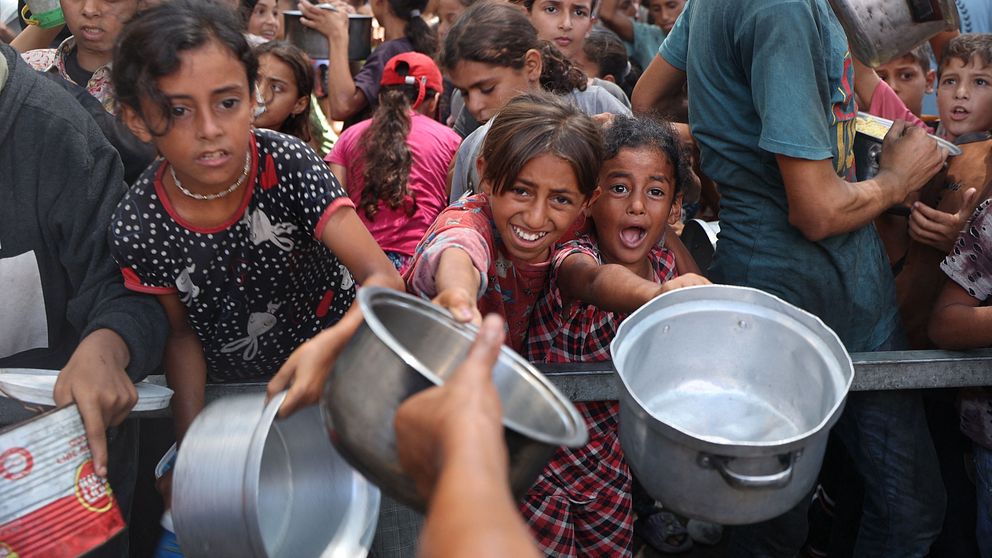 Barn i Gaza sträcker fram kastruller för att få mat under pågående svält, enligt IPC.