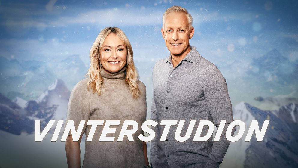 Två personer framför vinterlandskap med texten ”Vinterstudion”.