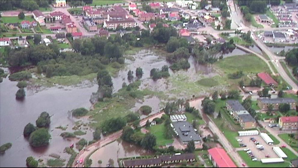 Flygbild över översvämningar i Getinge 2014.