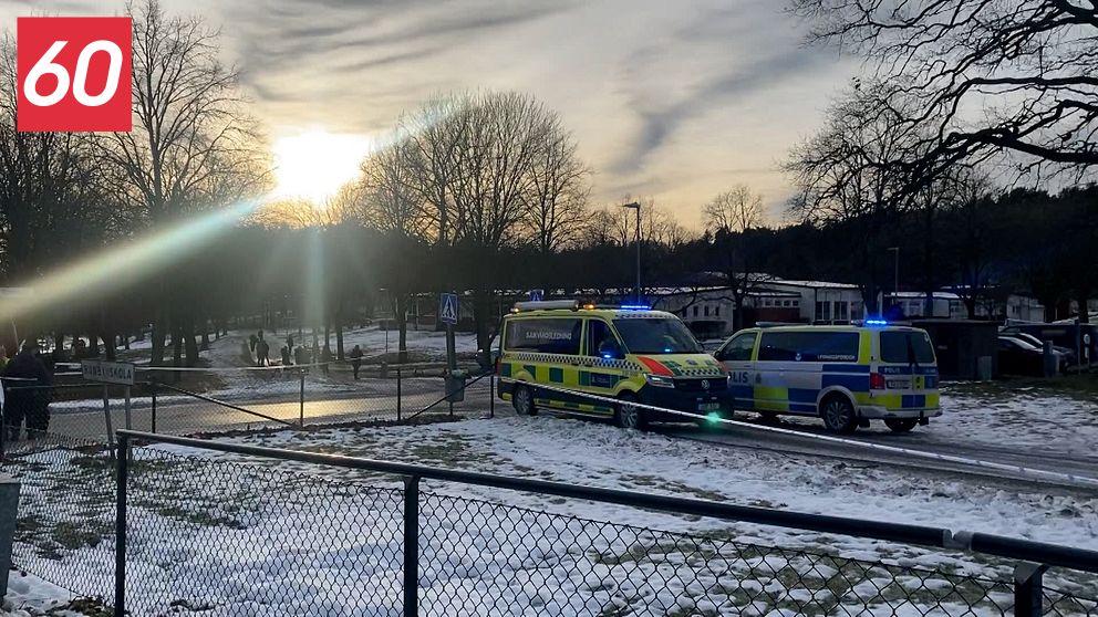 Två polisfordon står parkerade på en snötäckt gräsmatta, med solnedgången i bakgrunden. En del av en park är synlig med träd och människor i bakgrunden.