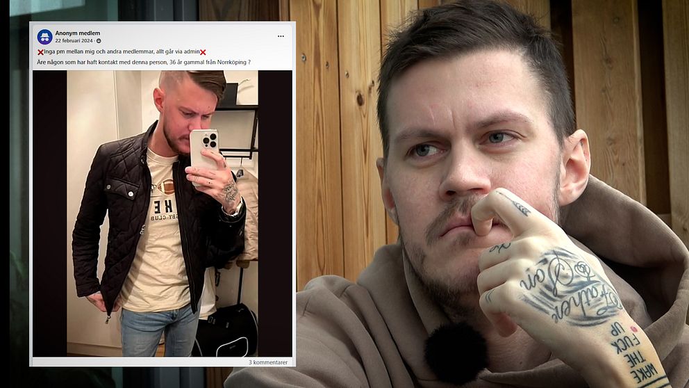 Christoffer som blivit uthängd med bild i en fuckboygrupp på facebook. På bilden syns en gaal selfie på honom som lagts ut i gruppen.