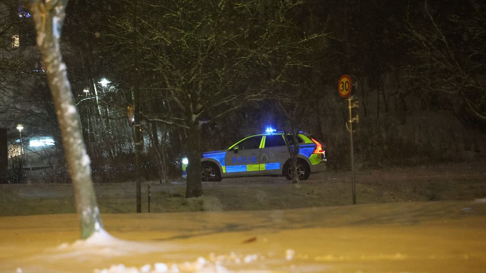 En polisbil med blåljus står parkerad på en snö täckt väg i mörker. I bakgrunden syns svaga ljus från byggnader och vägskyltar.