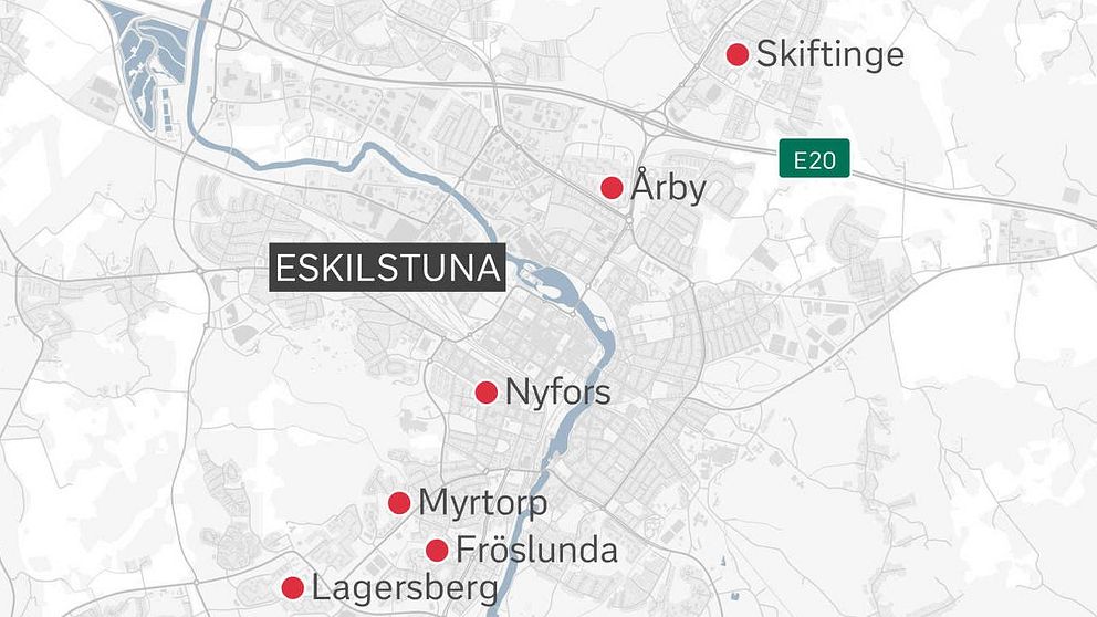 En karta över berörda stadsdelar i Eskilstuna.