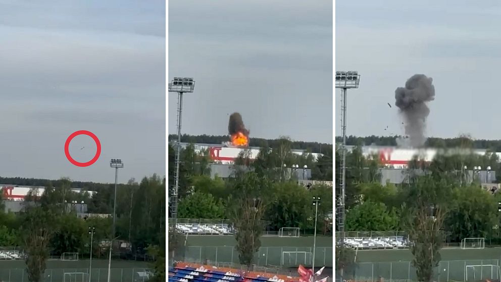Sekvens som visar en drönares färd och explosion vid en byggnad nära ett idrottsområde.