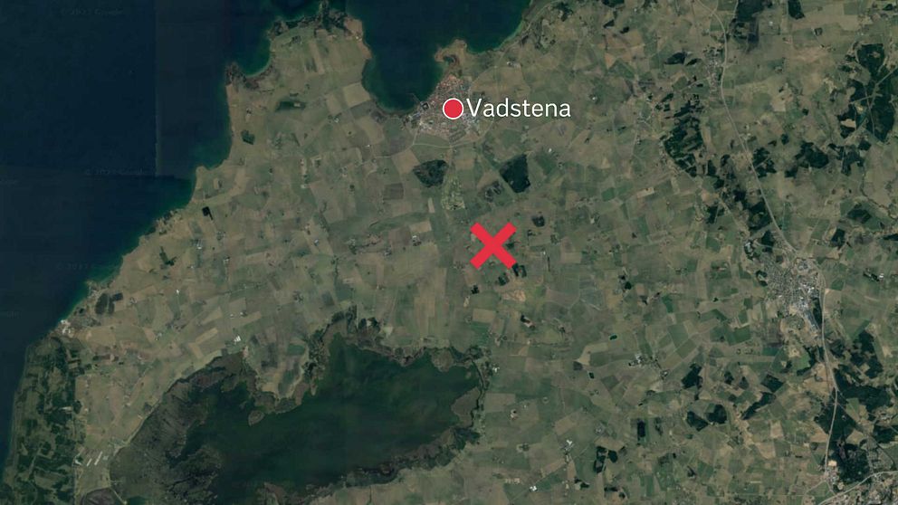 satellitbild med Vadstena och olycksplats markerad