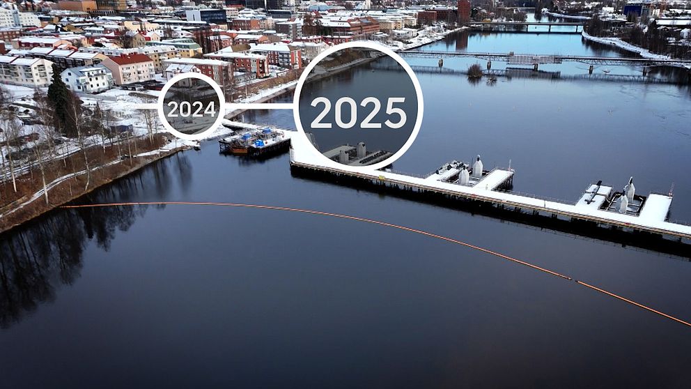Panoramavy över en stad med en flod och hamn, markerad med två cirklar som anger årtalen 2024 och 2025. Området är täckt av snö och ger en vinterlig känsla.