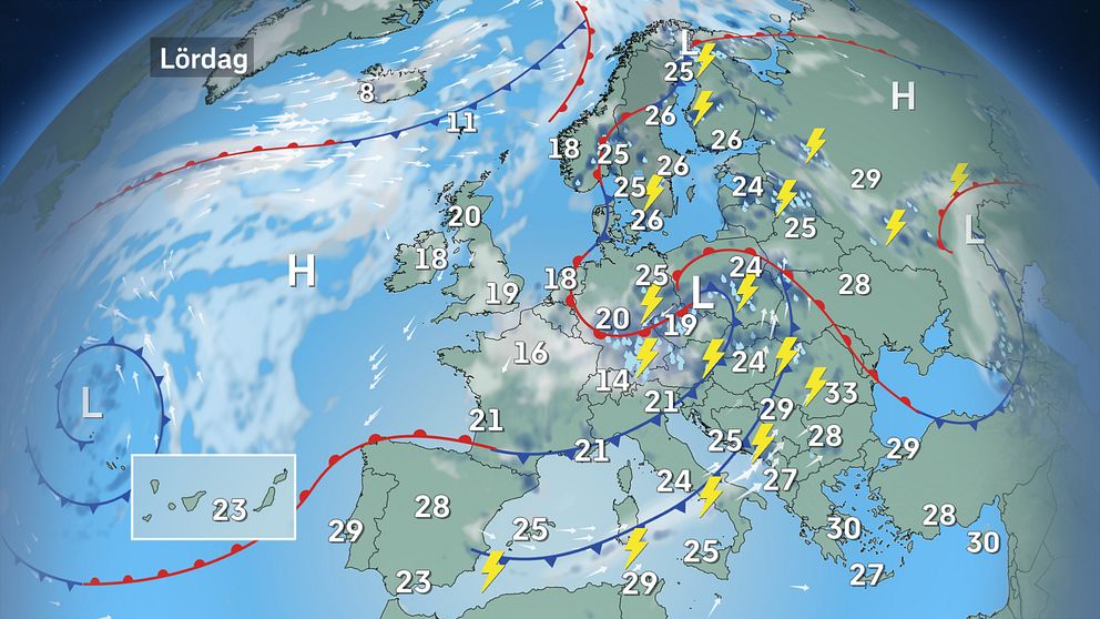Vädret över Europa under lördagen