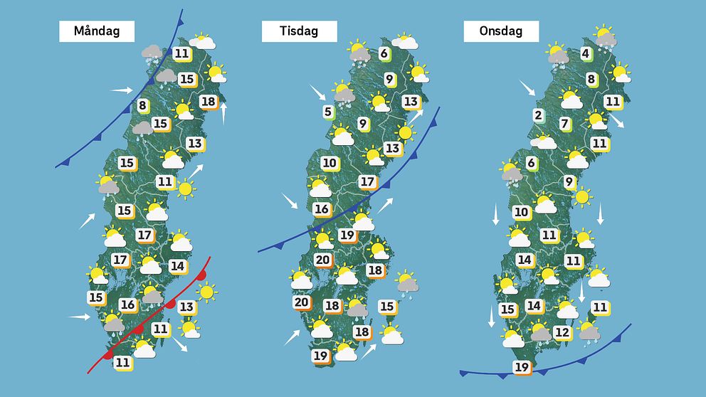Vädret på måndag, tisdag och onsdag