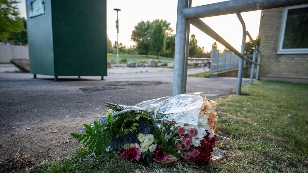 En bukett blommor ligger på marken bredvid ett metallräcke på en gräsmatta, i närheten av en gångväg med en grön container och en närliggande byggnad. Solen är på väg ner och ger ett mjukt ljus över scenen.