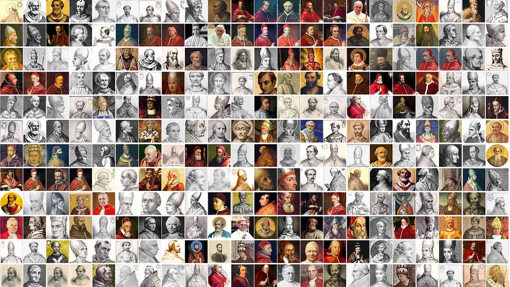 Collage av många historiska porträtt av påvar målat och tecknat, både i färg och svartvitt.