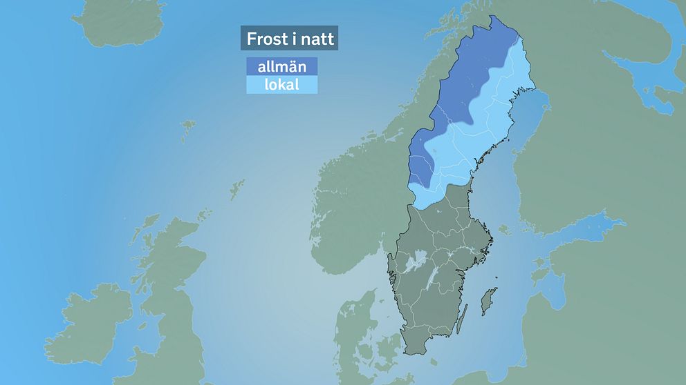 Karta som visar var det kan bli minusgrader eller frost i natt.