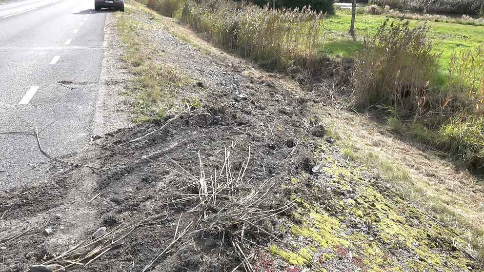 En väg med asfalterad yta och grönskande omgivning. Till vänster syns en gräsbevuxen sluttning med skräpuppsamling och borttaget växtmaterial, medan en bil kör längs vägen. Det finns också låga buskar och strån som växer längs sidan av vägen.