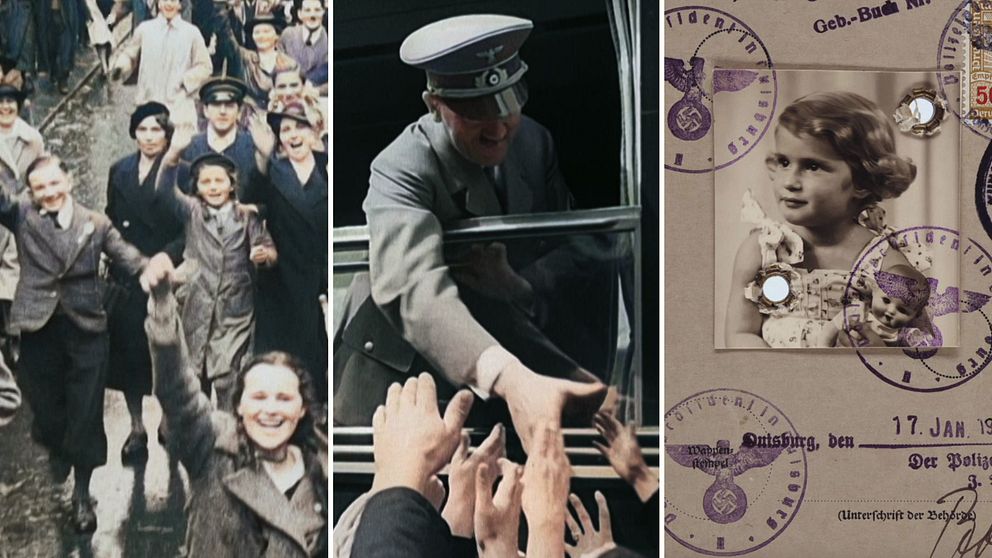 Bilder från SVT:s nya serie ”Sverige och kriget”. Vänster: glada människor i folkmassa. Mitten: Hitler i uniform hälsar på människor. Höger: gammalt pass med stämplar.
