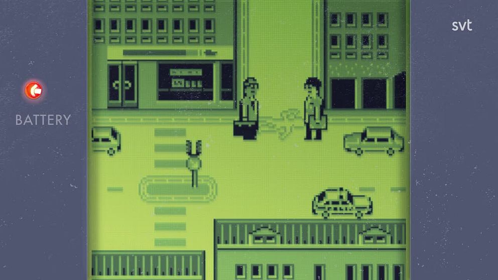 Illustration av en retro-tv-spelstad med två karaktärer i dialog på en gata.