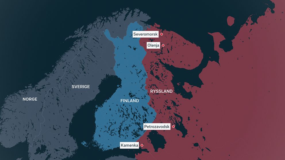 Karta som visar gränsen mellan Finland och Ryssland med markerade orter längs gränsen.