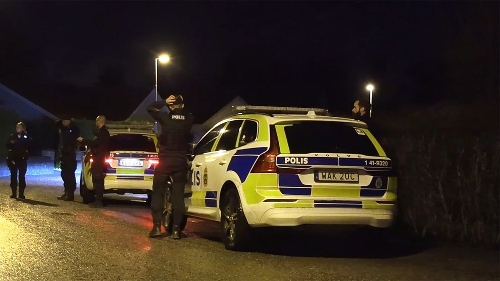 Poliser arbetar vid en väg med två patrullbilar i mörkret, där en av dem är siktad mot kameran och den andra står längre bort. Flera poliser är synliga, varav en står med händerna på huvudet, vilket tyder på en pågående incident. Belysning från gatlyktor illuminera scenen.