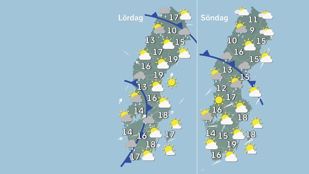 Prognoskarta som visar väderläget i Sverige på lördag och söndag.