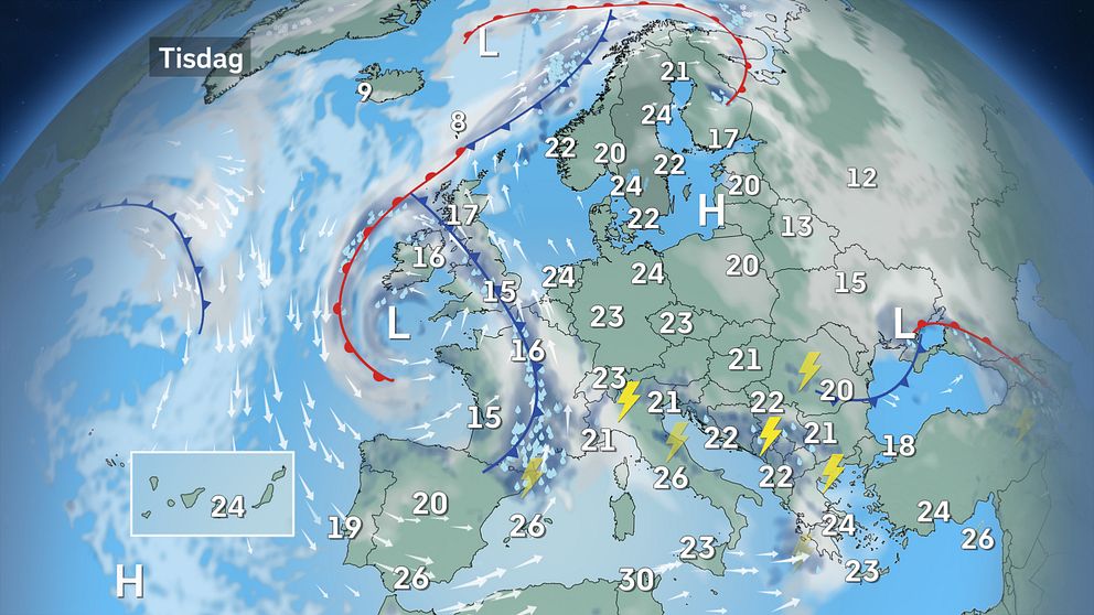 Prognoskarta som visar vädret i Europa på tisdag.