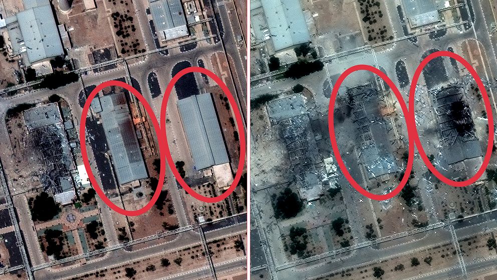 Satellitbilder före och efter visar byggnader förstörda av en attack, markerade med röda ringar.