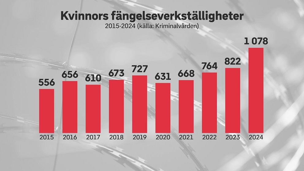 Stapeldiagram visar ökande antal fängelseverkställigheter för kvinnor från 2015 till 2024.