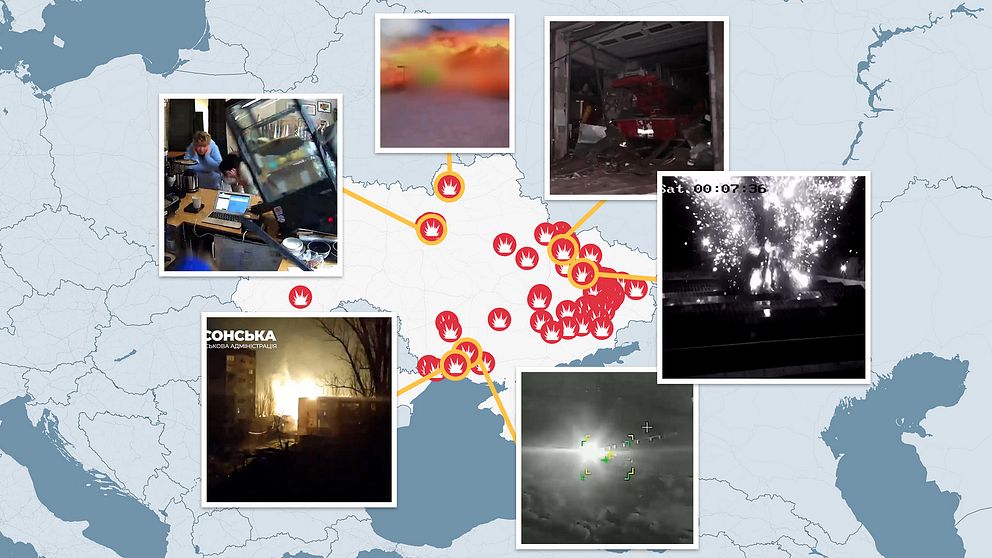 En karta över Ukraina med 100-tals explosioner markerade