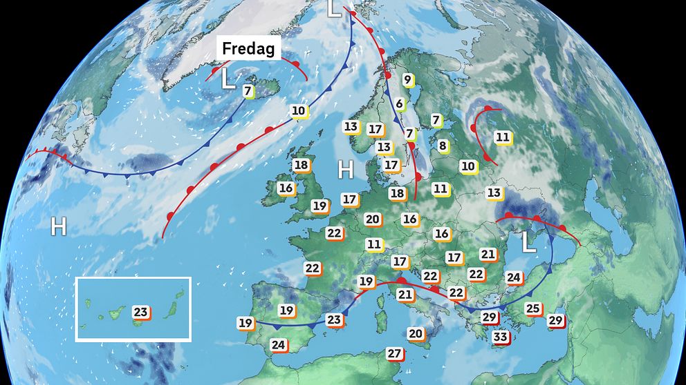 Vädret i Europa på fredag