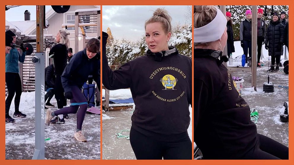 Tredelad bild. Längst till vänster: Personer tränar utomhus. I mitten: Kvinna med träningskläder. Till höger: Tränande kvinna med hörlurar.